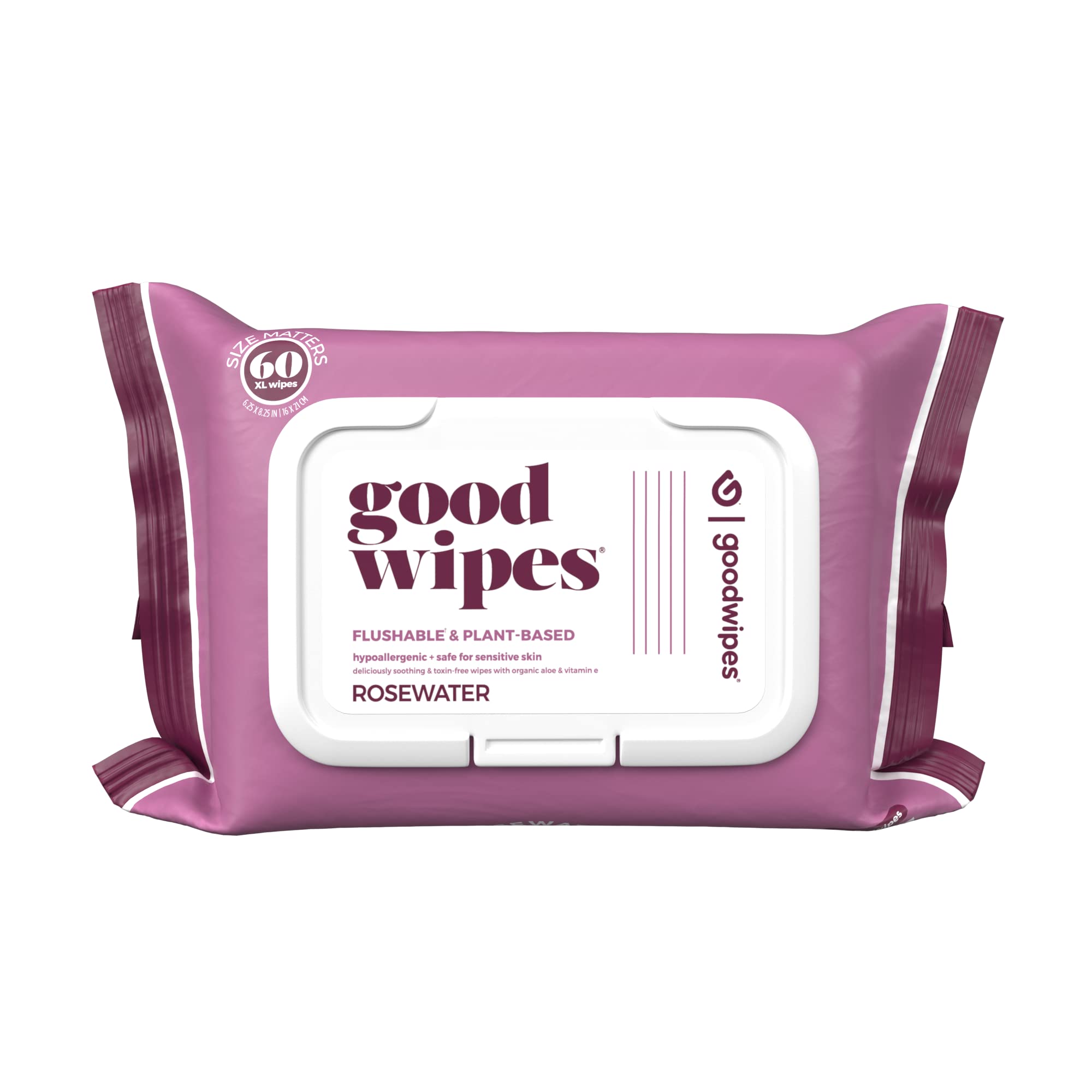 goodwipes Flushable Butt Wipes Made with Vitamin E & Aloe - Soft & Gentle Wet Wipe Dispenser for Home Use, Septic & Sewer Safe - Largest Adult Toilet Towelettes - Rosewater, 360 Count (6 Packs)