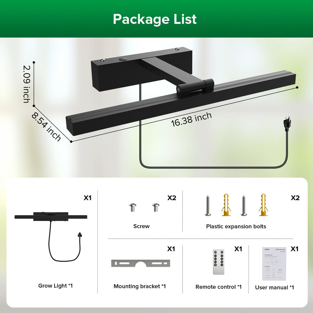 SANSI Grow Lights for Indoor Plants, 35W Wall Mounted Grow Light Full Spectrum, LED Plant Lights for Indoor Growing, High PPFD with 4-Level Dimmer, Auto On Off 4/8/12 Hrs Remote for Greenhouse Seed