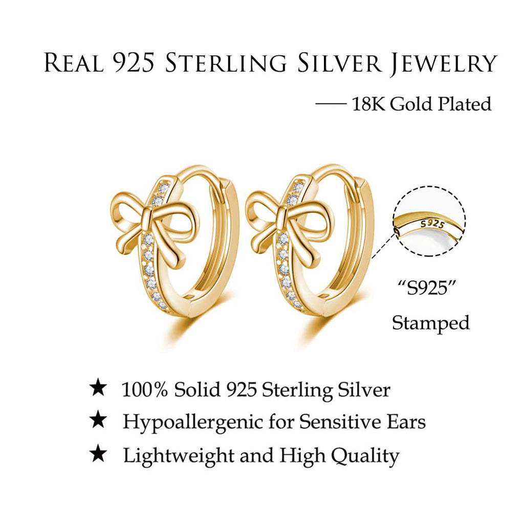 Reffeer Solid 925 Sterling Silver CZ Bow Hoop Earrings Ribbon for Women Teen Girls Bowknot Hoop Earrings Huggie (B-18K Gold)