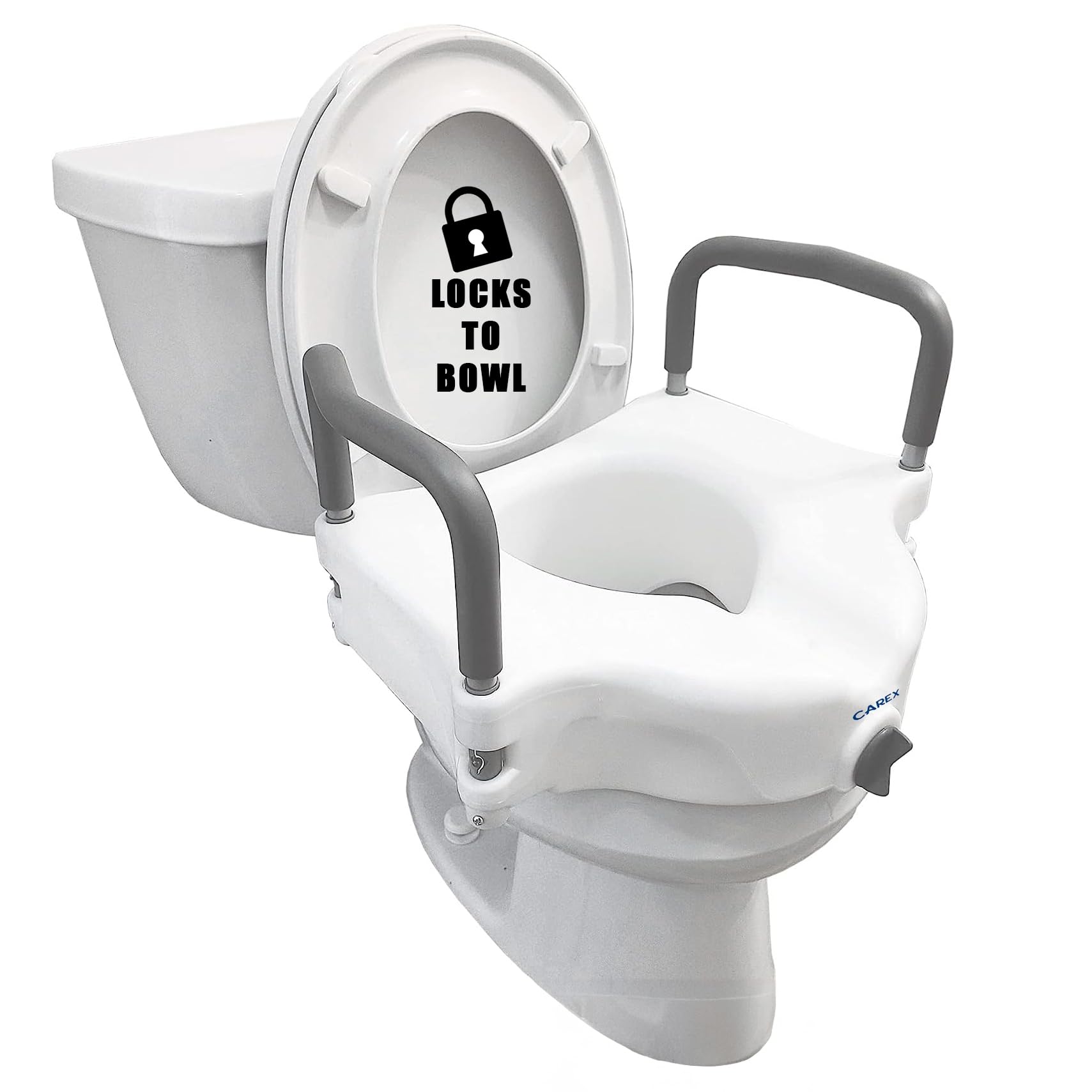 Carex E-Z Lock Raised Toilet Seat with Handles, 4.5 Inch Toilet Seat Riser with Arms, Toilet Riser Fits Most Toilets, Elongated or Round, Toilet Seat Lifter, White