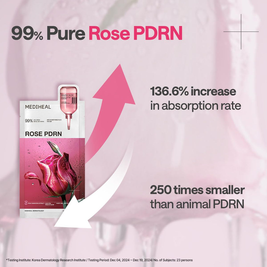 Mediheal Rose PDRN Essential Sheet Mask 10 pcs. 99% Pure White Rose PDRN & Hyaluronic Acid for hydrating, firming, and enhancing moisture barrier, skin firmness, and glow. Vegan formula