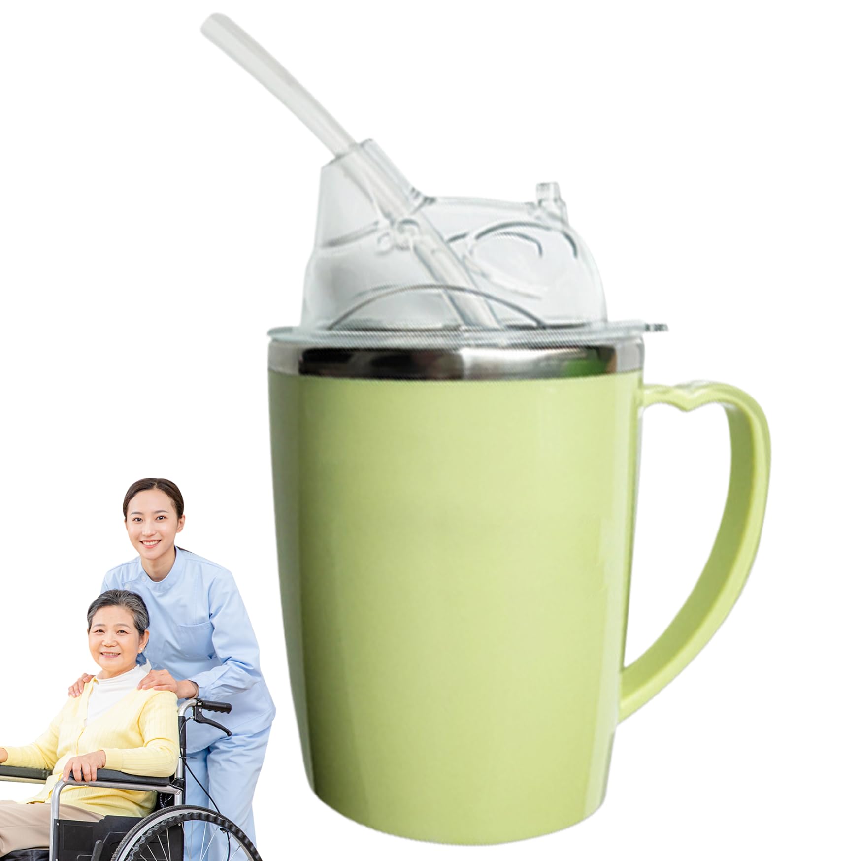 Peosaard Adult Sippy Cup, Beakers for Elderly, 350ml Spill Proof Adult Sippy Cup with Straw, 3-in-1 Stainless Steel Dysphagia Cups with Handle