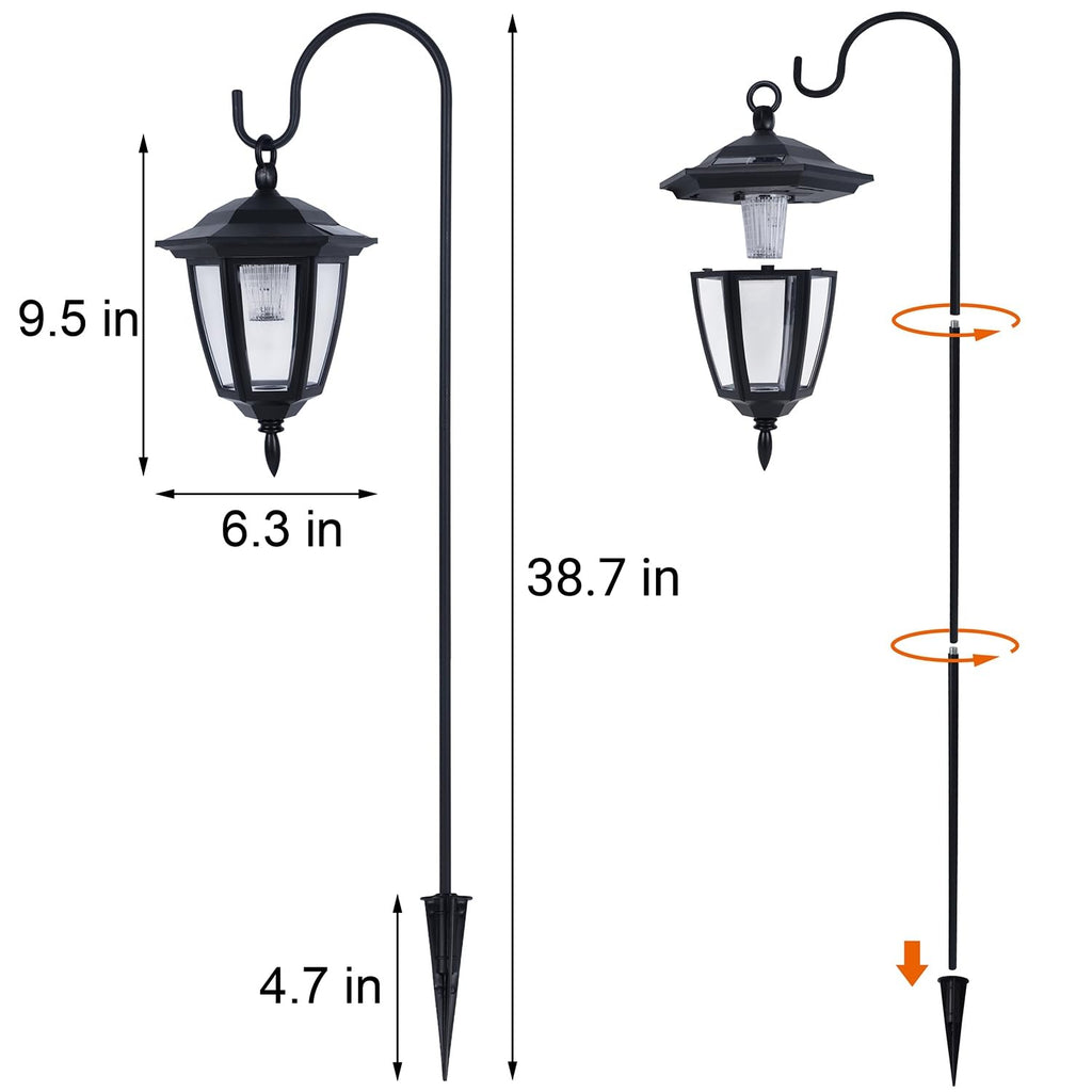 Dynaming 6 Pack Solar Hanging Lights Outdoor, Solar Powered Garden Decorative Lanterns with 6 x 38 Inch Shepherd Hooks, Waterproof Landscape Lighting for Lawn Patio Yard Pathway Driveway, Warm White