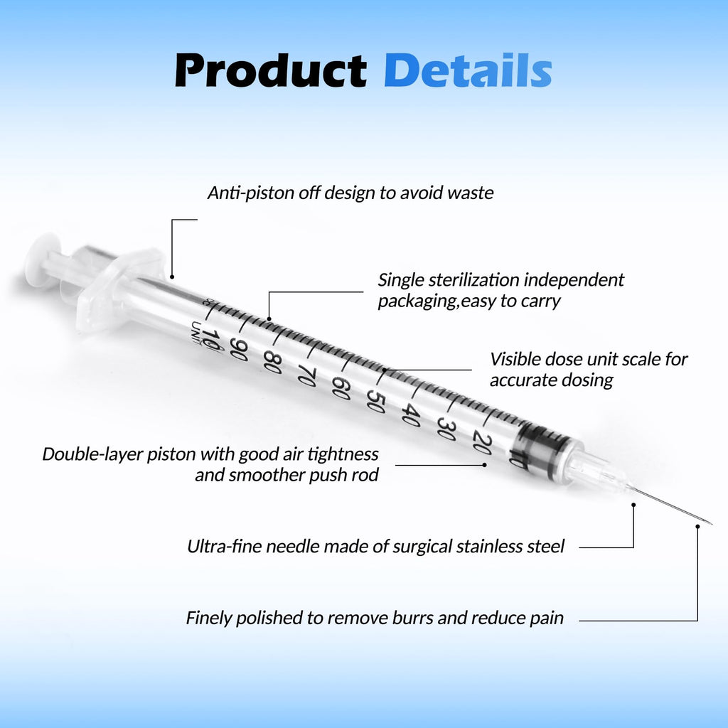 Syringes 1ml 27 Gauge 1/2 inch U-100 27G 1cc 13mm Lab Syringe, Pack of 20