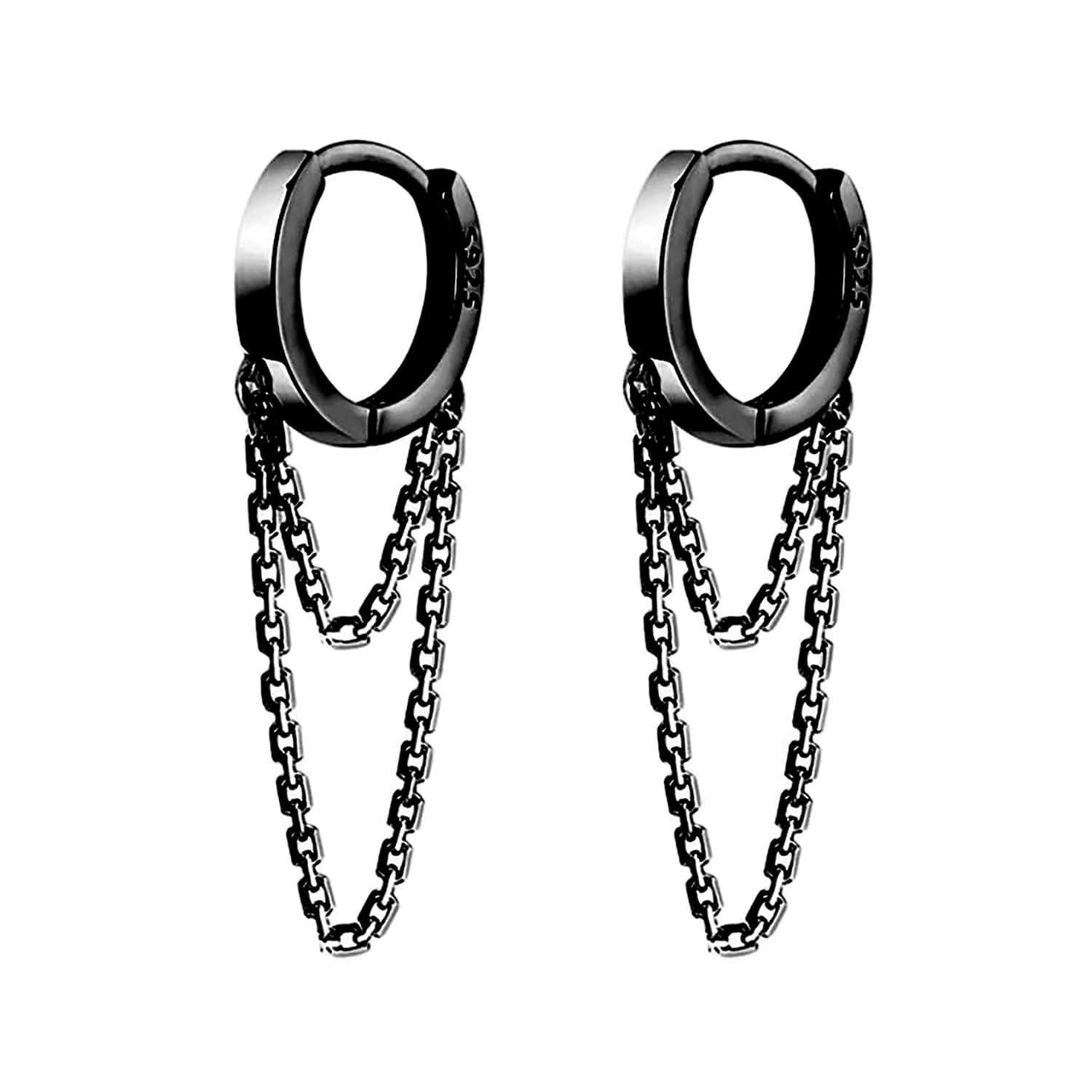 Reffeer 925 Sterling Silver Tassel Chain Drop Dangle Small Hoop Earrings Huggie for Women Teen (D-Black)