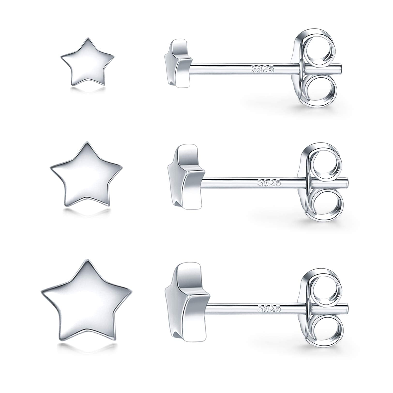 3 Pairs 925 Sterling Silver Star Stud Earrings for Women,Tiny Simple Geometric Stud Earrings Set Small Hypoallergenic Cartilage Tragus Ear Jewellery for Men (3/4/5mm)