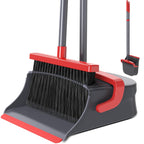 Zeawec Broom with Dustpan Combo Set, Long Handle Upright Standing Self-Cleaning Broom and Dustpan Set for Pet Hair & Dust Cleanup, Indoor Outdoor Use for Home, Kitchen, Office, Red & Gray