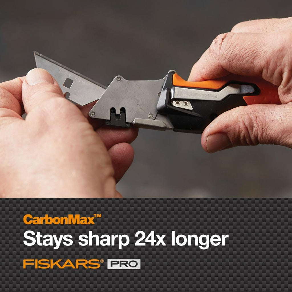 Fiskars Pro Retractable Folding Utility Knife, Box Cutter with Long-Lasting CarbonMax Razor Blade and Dual Lock Safety, Orange/Black