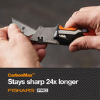 Fiskars Pro Retractable Folding Utility Knife, Box Cutter with Long-Lasting CarbonMax Razor Blade and Dual Lock Safety, Orange/Black