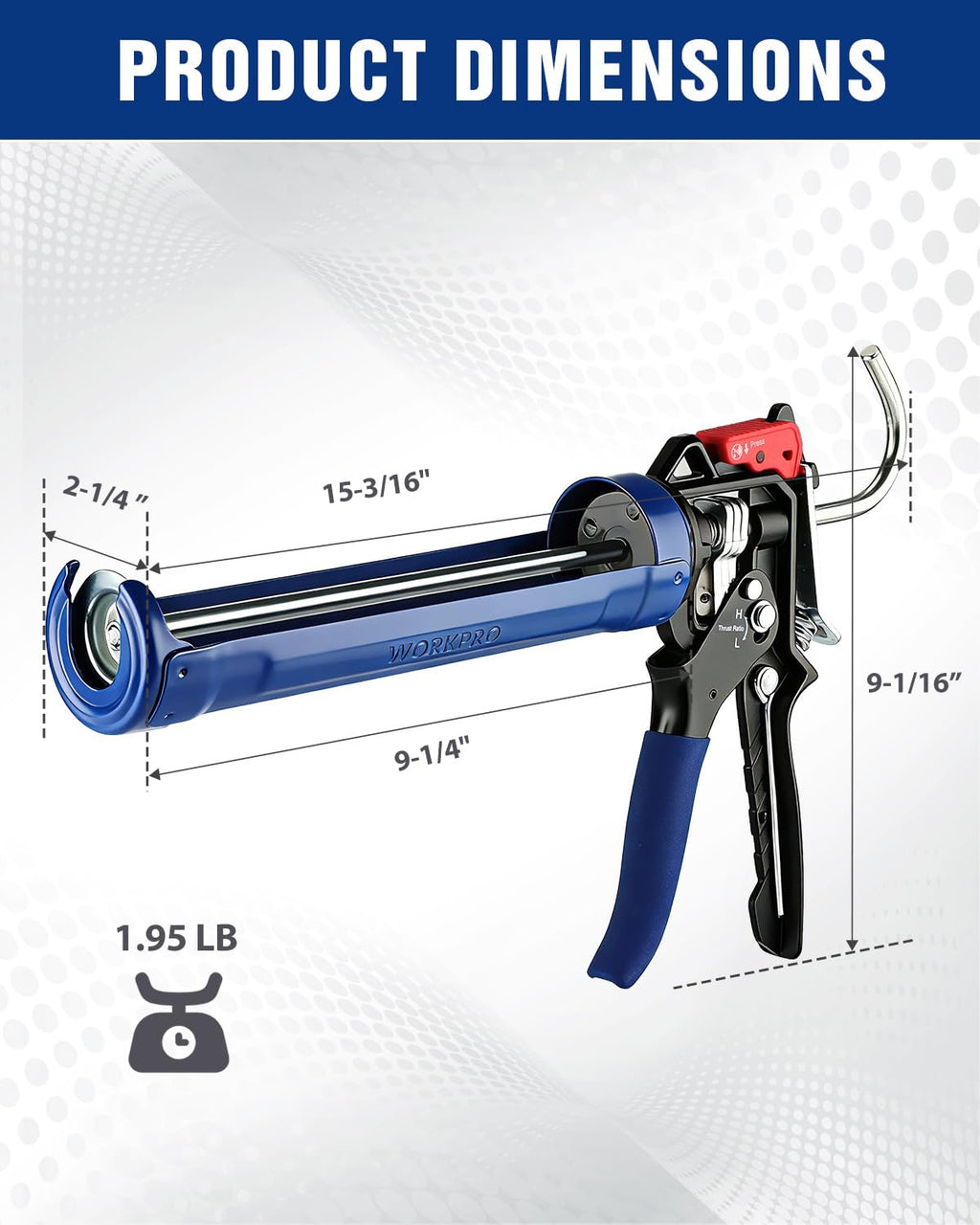 WORKPRO Caulking Gun, Adjustable Hand Caulk Gun, Less-Dripping Regulating, Sealant Silicone Gun with Comfort Grip, 9:1 & 18:1 Thrust Ratio, Smooth Round Rod for 10oz Caulk Tubes
