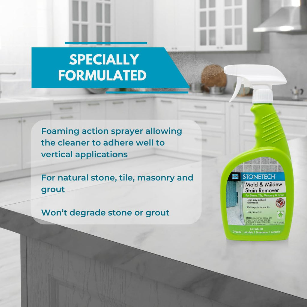 StoneTech Mold and Mildew Stain Remover Cleaning Kit | Kitchen, Patio, Shower, and Bathroom Cleaner for Natural Stone, Tile, and Grout, 2-Pack 24-Ounce Spray with Microfibers and Crevice Brushes