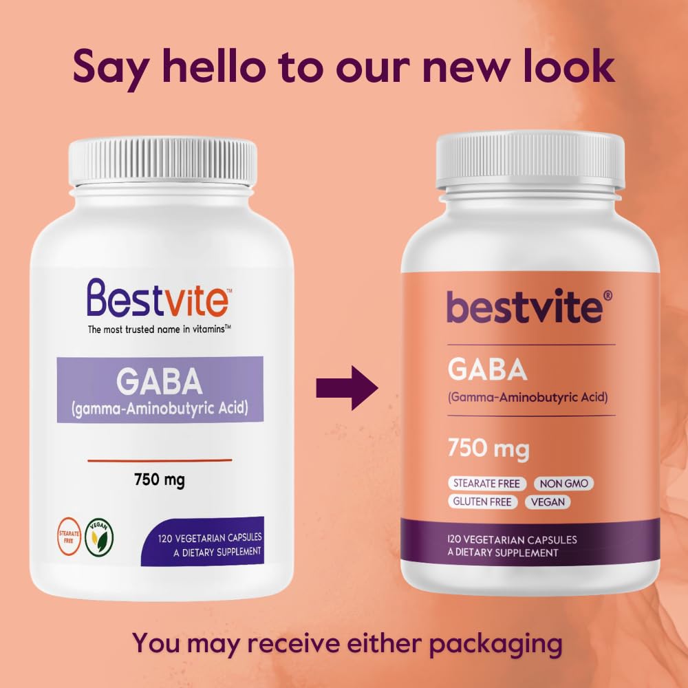 BESTVITE GABA 750mg per Capsule (240 Vegetarian Capsules) (120 x 2) - No Stearates - No Fillers - Vegan - Gluten Free - Non GMO