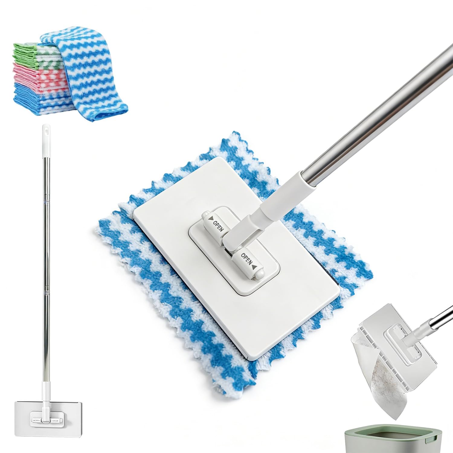 Snap Grip Mini Mop,2026 Upgraded Zero Touch Snap Grip Mini Mop,Cloth Changing MiniMop,Automatic Hands Free Push Pull Handle,Includes 1 MiniMop & 5 Reusable Cloths