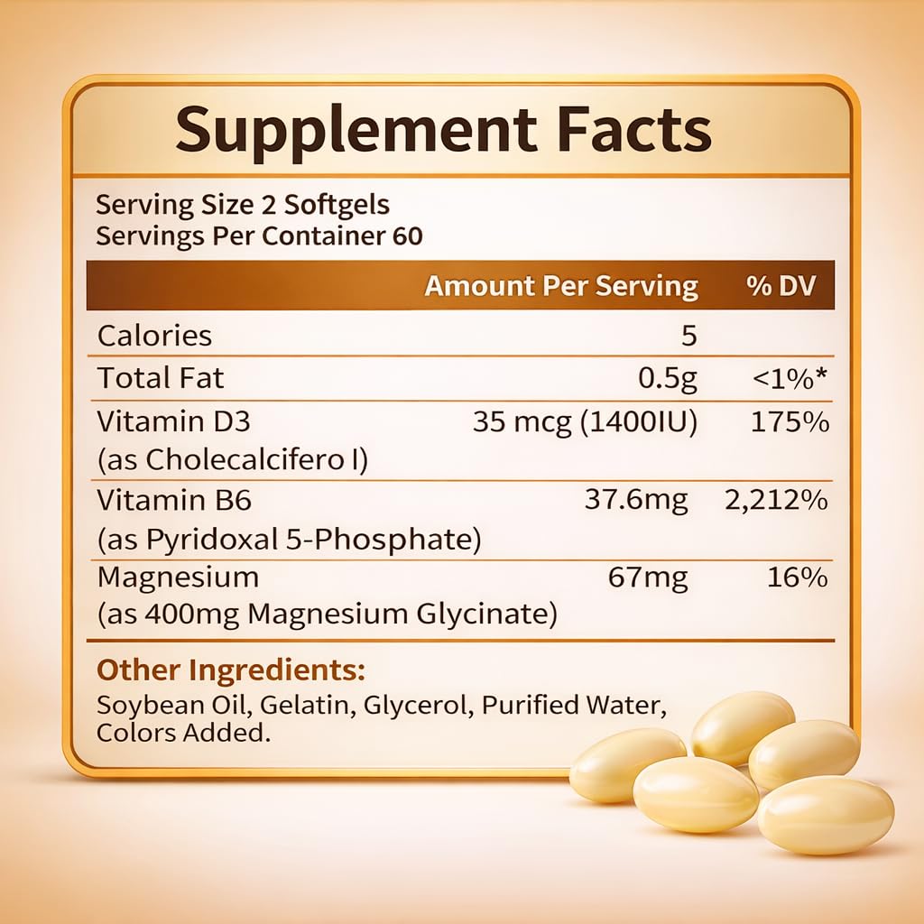 Magnesium Glycinate 400mg Softgels with Vitamin D3 & B6,Small Easy to Swallow Gel Caps,High Absorption, Gentle on Stomach,Supports Sleep, Muscle & Calm,Bone Health,120 Softgels