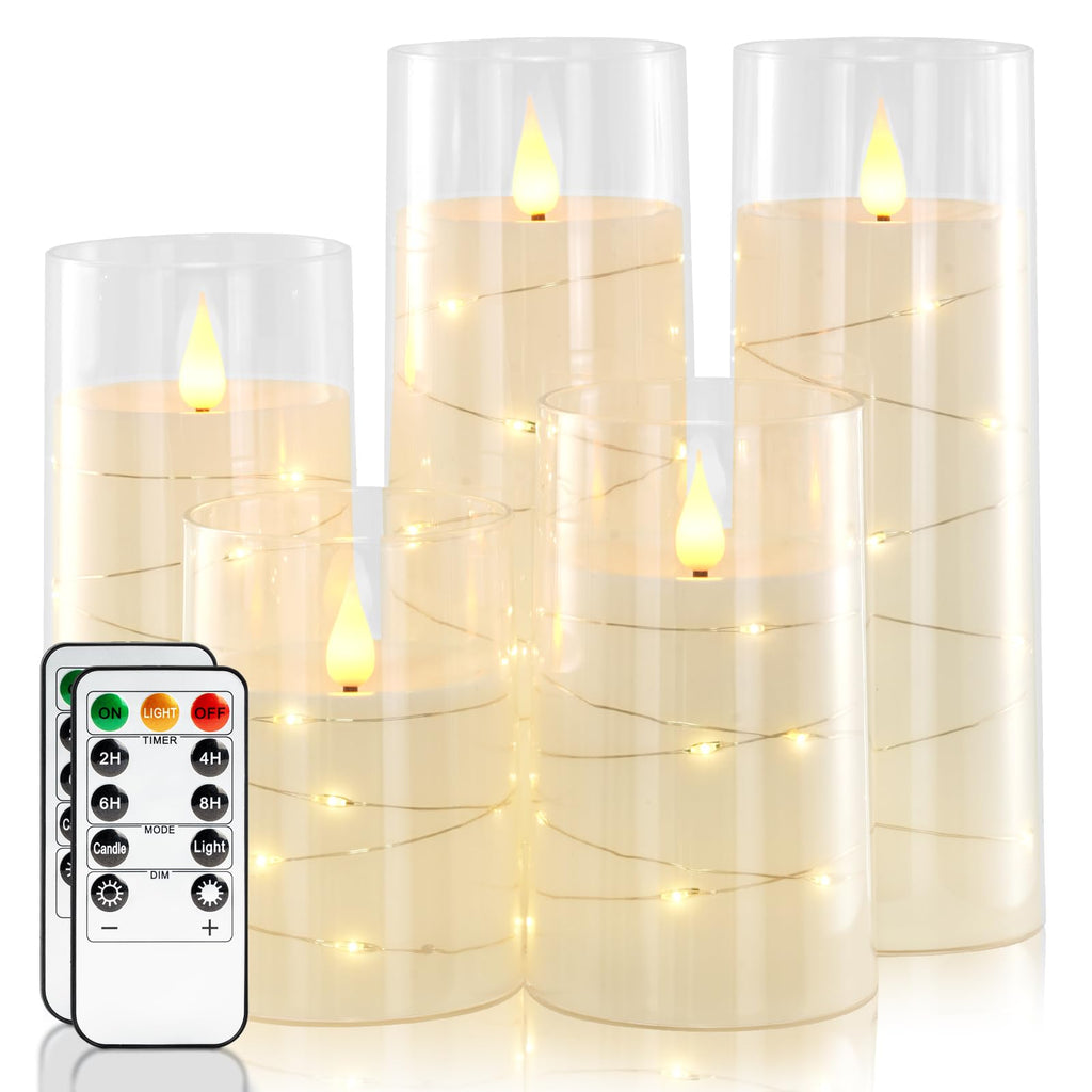 Homemory Pure White Flameless Candles with Embedded Star String Fairy Lights, Battery Operated Candle, LED Candles, Fake Candles with Remote Control and Timer, Set of 5(H4"5"6"8"8")