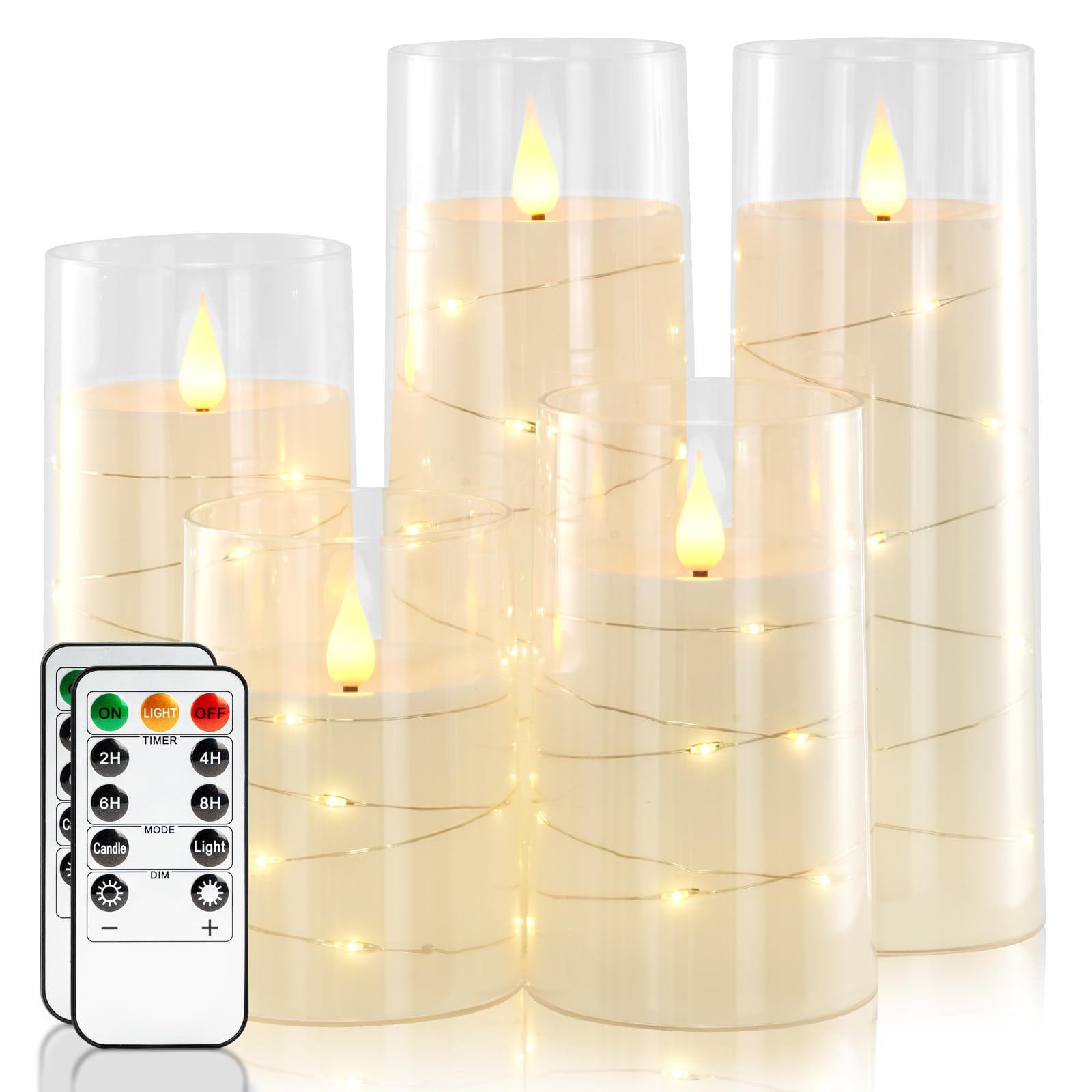 Homemory Pure White Flameless Candles with Embedded Star String Fairy Lights, Battery Operated Candle, LED Candles, Fake Candles with Remote Control and Timer, Set of 5(H4"5"6"8"8")