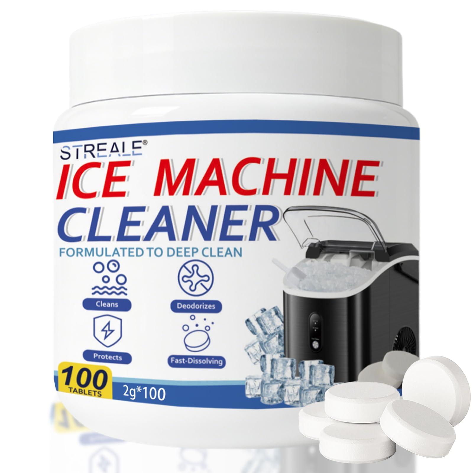 STREALE Ice Machine Cleaner Maker and Descaler - 100 Ice Maker Cleaner Tablets Compatible with All Major Brands, Nickel Safe Descaler Countertop Portable Commercial Icemaker Cleaning Solution