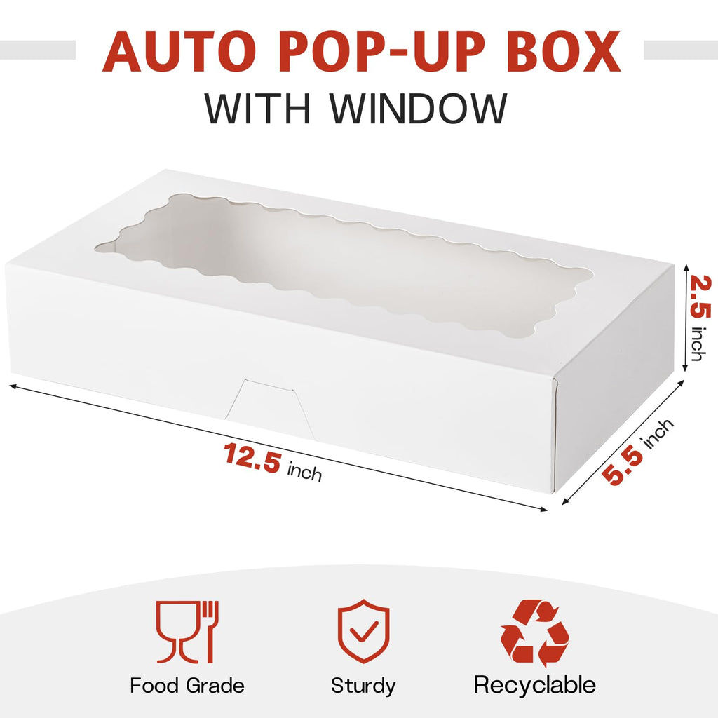 ZORRITA 30 Pack Auto Pop-up Cookie Boxes with Window, 12.5" x 5.5" x 2.5" White Bakery Boxes Treat Boxes for Chocolate Covered Strawberries, Cake Pops, Donuts, Cocoa Bombs, Sugar Cookies, Pastries