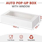 ZORRITA 30 Pack Auto Pop-up Cookie Boxes with Window, 12.5" x 5.5" x 2.5" White Bakery Boxes Treat Boxes for Chocolate Covered Strawberries, Cake Pops, Donuts, Cocoa Bombs, Sugar Cookies, Pastries
