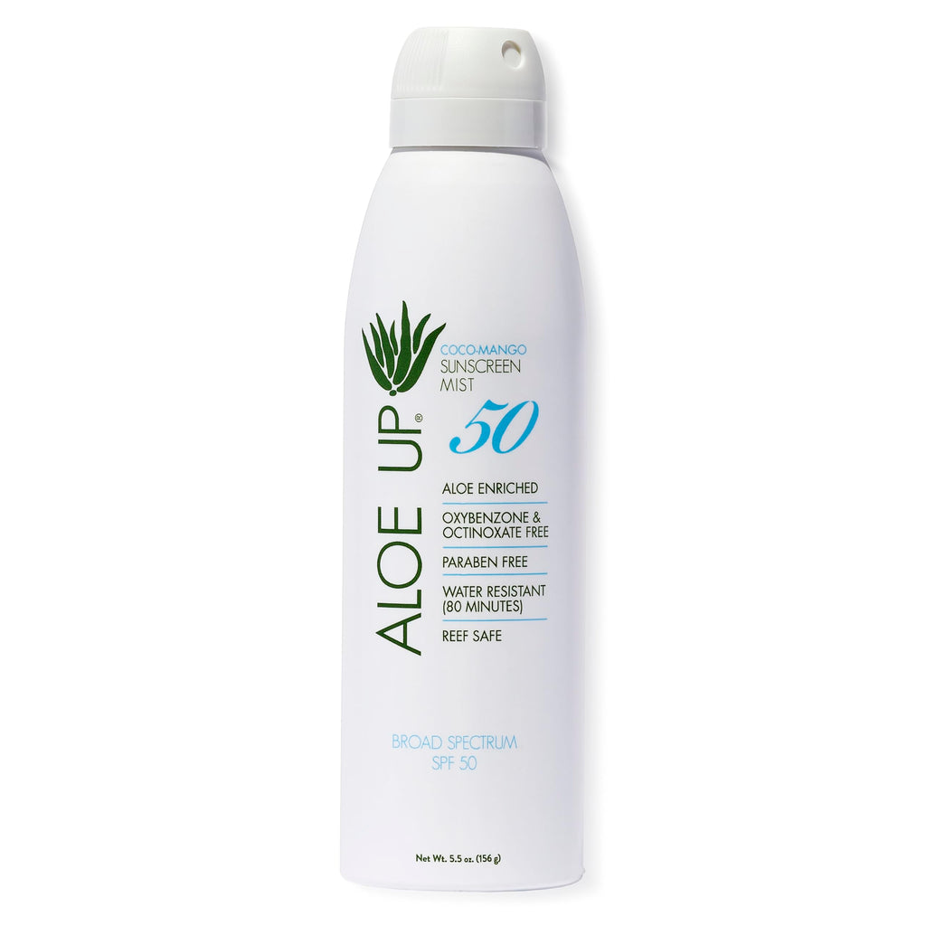 Aloe Up White Collection Continuous Sunscreen Spray SPF 50 Broad Spectrum UVA/UVB Sunscreen Protector for Face and Body with Moisturizing Aloe Vera Gel Reef Safe Coco Mango Fragrance 5.5 Fl. Oz