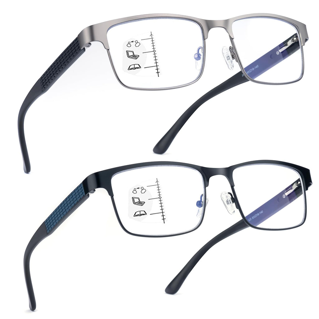 SKYOAK 2 Pack Refined Progressive Multifocus Reading Glasses Men Blue Light Blocking Readers Metal Frame Spring Hinge, Top is not 0 (Black+Gunmetal, 1.5)