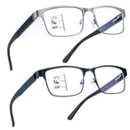 SKYOAK 2 Pack Refined Progressive Multifocus Reading Glasses Men Blue Light Blocking Readers Metal Frame Spring Hinge, Top is not 0 (Black+Gunmetal, 1.5)
