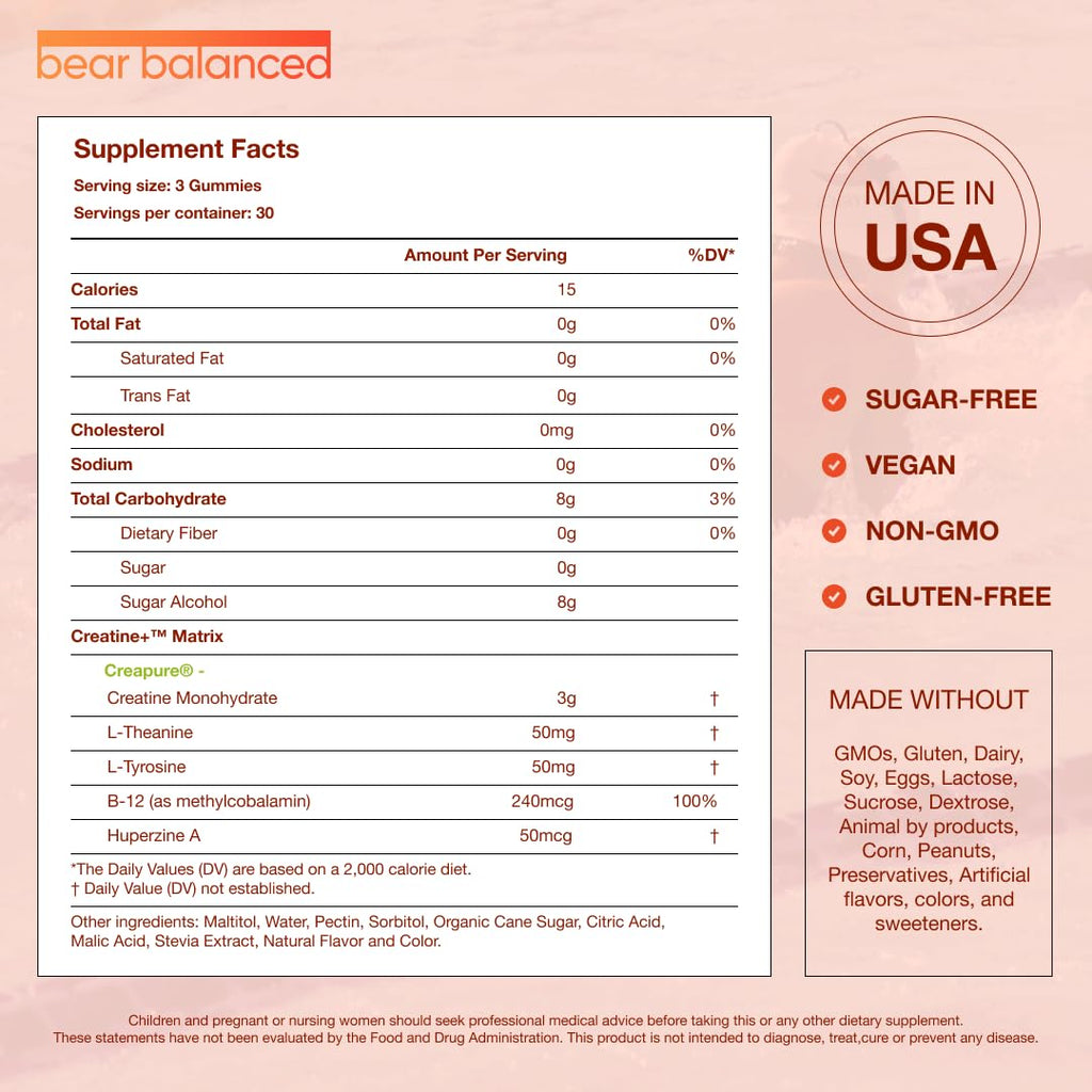 Bear Balanced Creatine Gummies for Men & Women - Creapure® Creatine Monohydrate, L-Theanine, L-Tyrosine & B12 for Muscle Growth, Strength, Focus, Energy & Health - Low Calorie, Sugar-Free, & Vegan