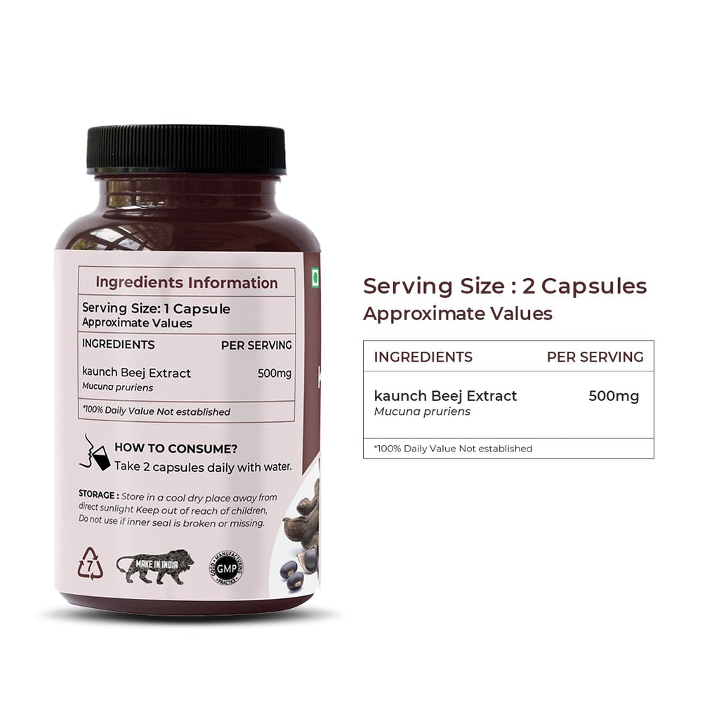SAPTAMVEDA Natural Kaunch Beej Extract-500mg 60 Veg Capsules (Pack of 1)