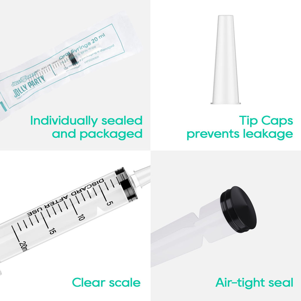 JOLLY PARTY 100 Pack 20mL Syringes, Plastic Syringes with Catheter Tip and Cap, Individually Sealed Feeding Syringe For Dogs, Measuring Syringe For Liquid, Scientific Labs, Refilling, Dispensing