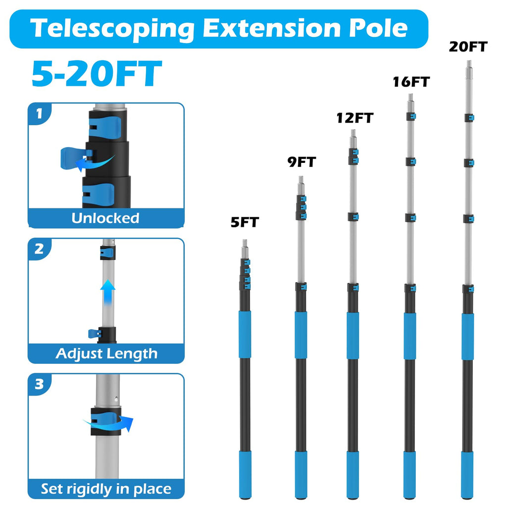 26FT Reach Cobweb Duster with Extension Pole - Spider Web Brush for Cleaning with 5-20FT 4-Section Flip-Lock Telescopic Pole, Effortlessly Cleans High Indoor & Outdoor Webs