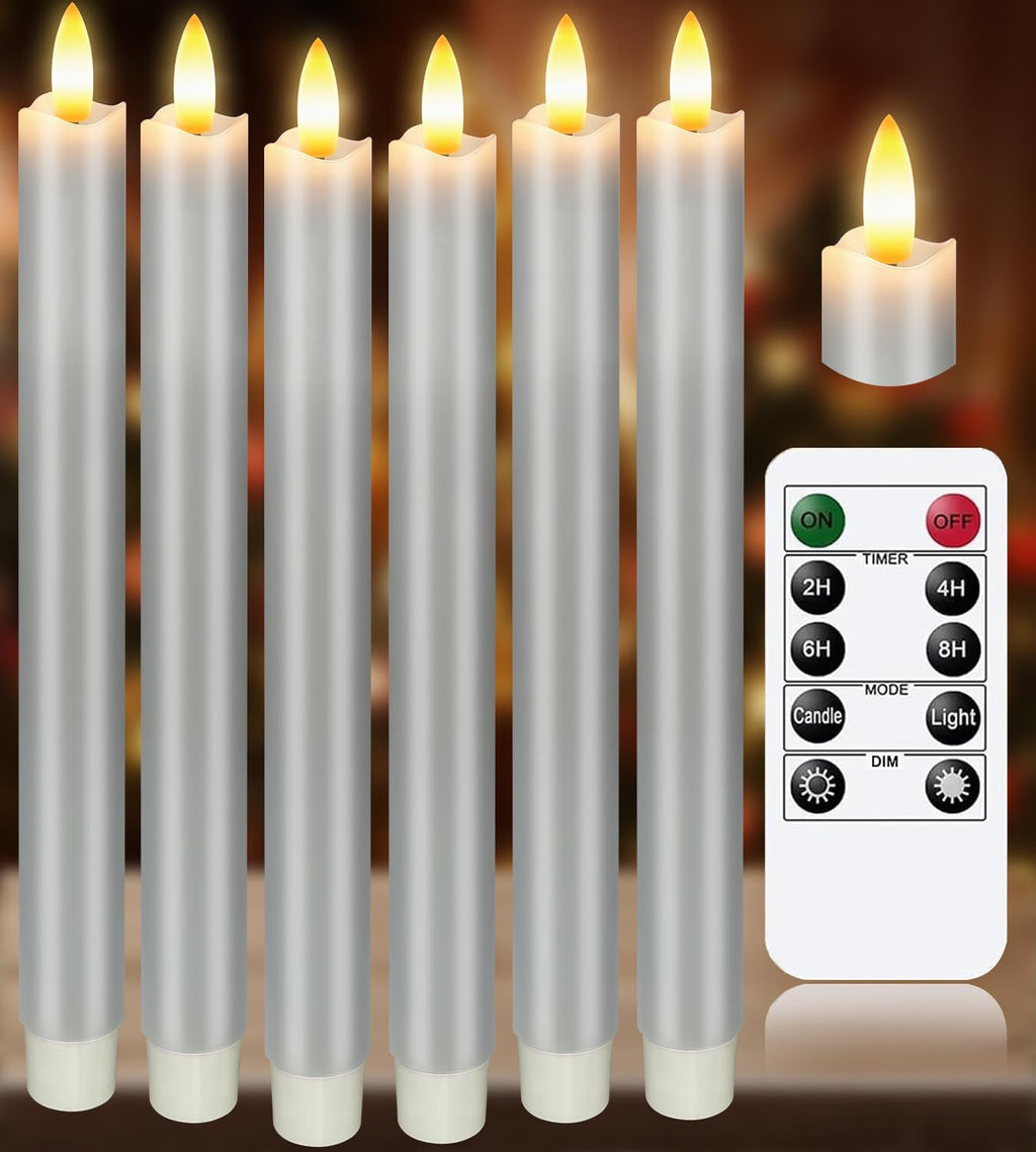 KSWING Upgraded Real Wax LED Flameless Grey Taper Candles with Remote, 6 PCS Candlesticks Battery Operated 3D Flickering - 9.6" Long Realistic Fake Candle Sticks for Home/Wedding/Fireplace Xmas Decor