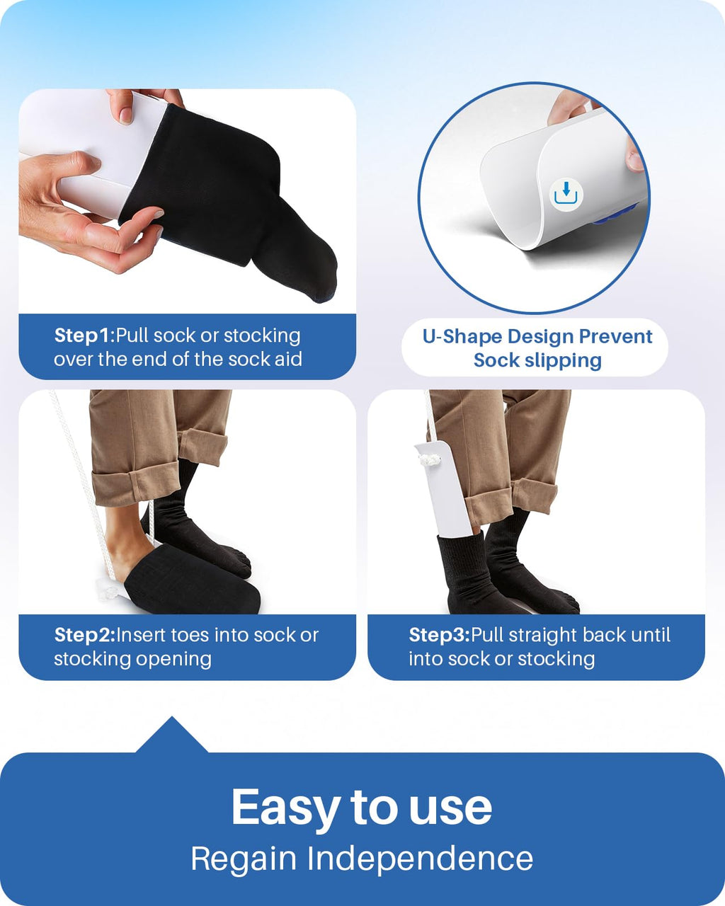Jellas 4.6 Inch Wide Sock Aid Kit - Long Rope Assist Device for Seniors, Limited Mobility, Post-Surgery | No Bend Sock Helper & Remover | Easy On/Off Socks Tool (White)