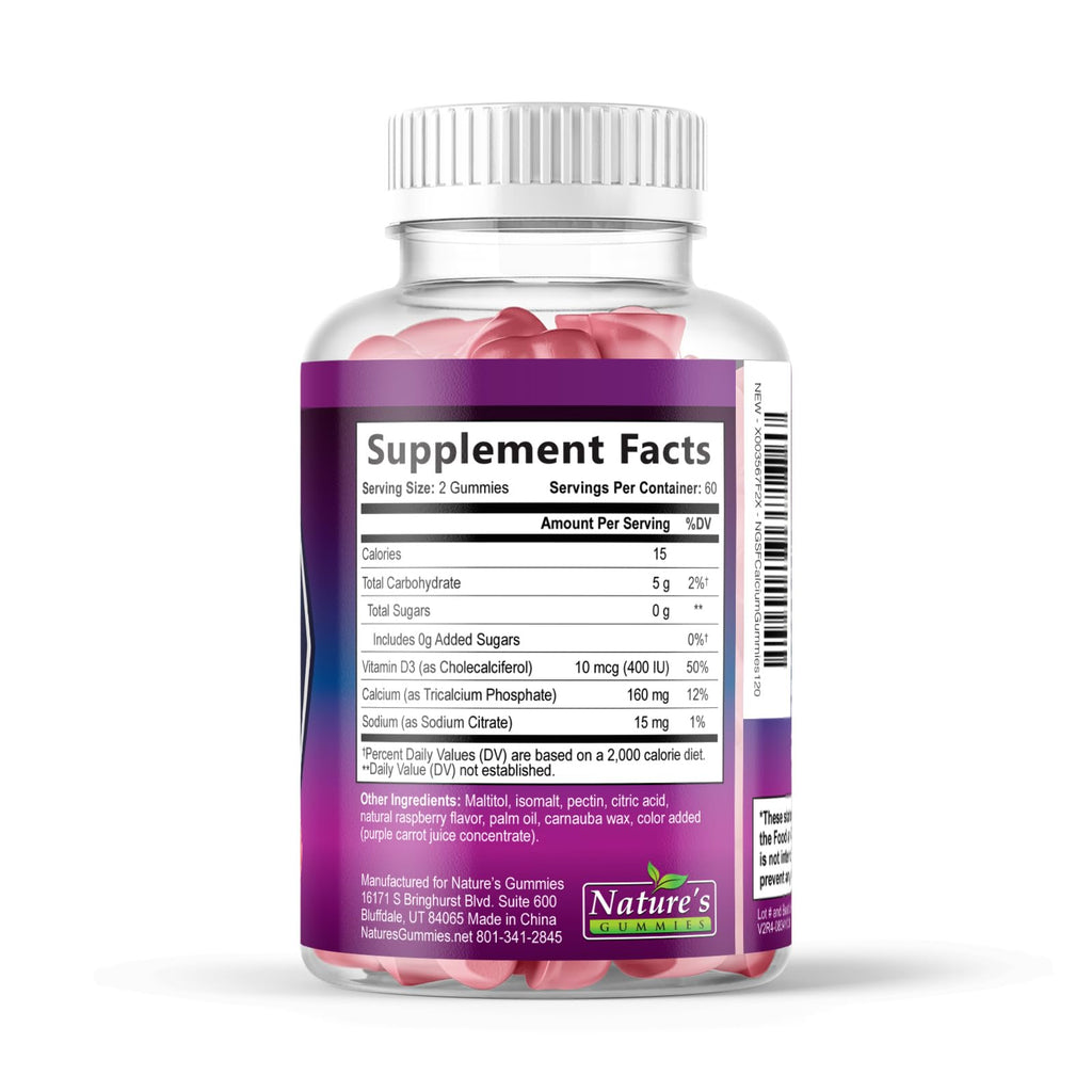 Calcium Supplement Gummies - Sugar Free Calcium Gummy with Vitamin D3 for Best Absorption - Supports Immune Health, Bones & Teeth - Nature's Calcium Chews for Women & Men - Berry Flavor - 120 Gummies