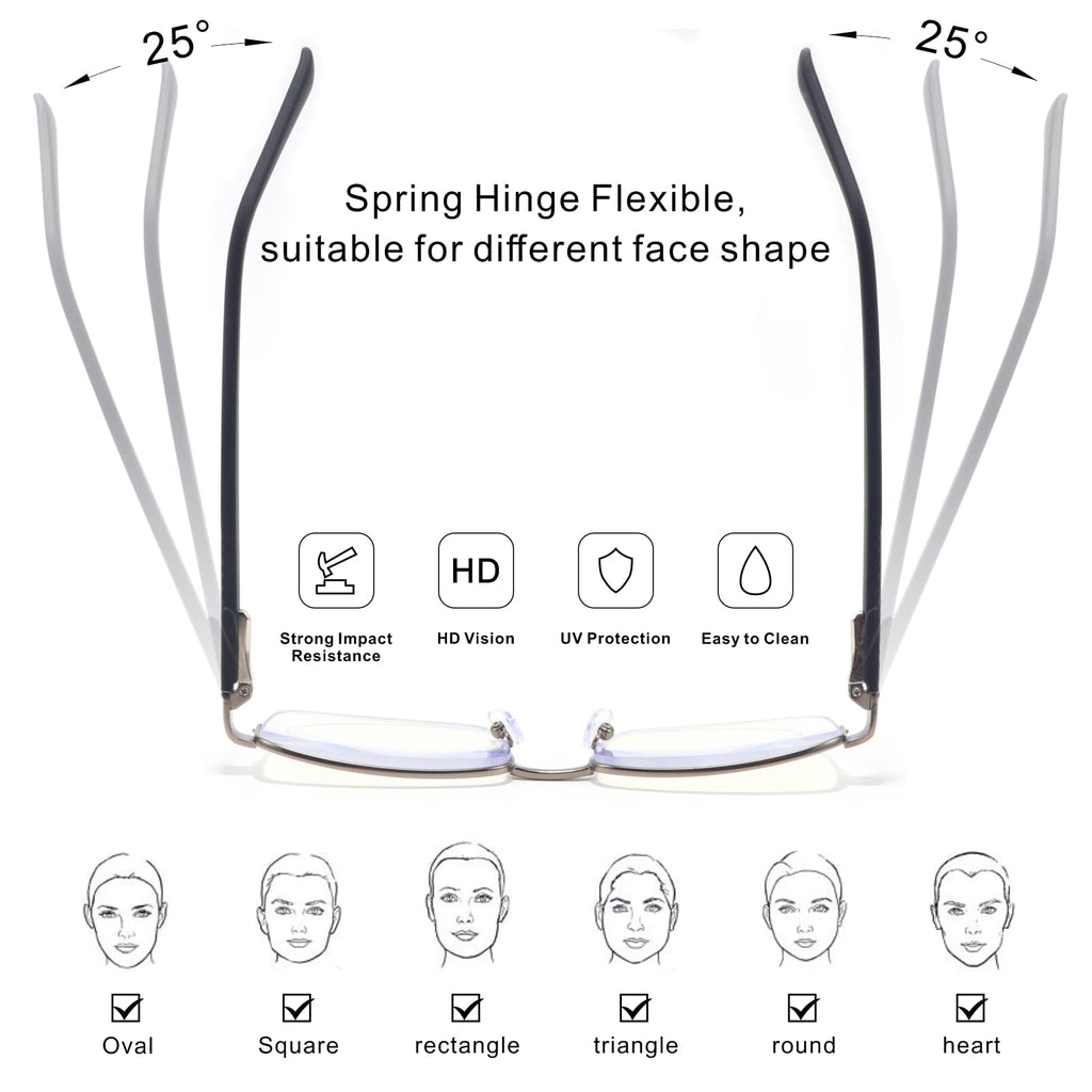 Missfive Mens Premium Multifocus Reading Glasses 0x on Top Center, Blue Light Blocking Far/Mid/Near Progressive Multifocal Readers Metal Frame with No Broken Spring Hinge Eyegwear 1.5 D