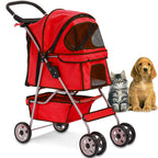 4 Wheels Pet Stroller Cat Dog Cage Stroller Travel Folding Carrier with Cup Holders and Removable Liner for Small-Medium Dog, Cat (Red)