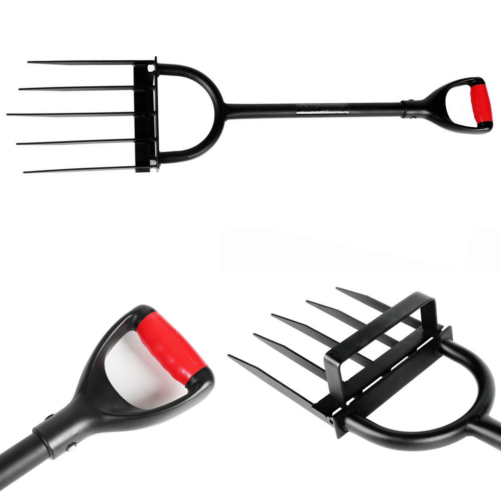 5-Tine Heavy Duty Pitch Fork for Gardening - Long Handled Digging Fork Garden Claw Weeder