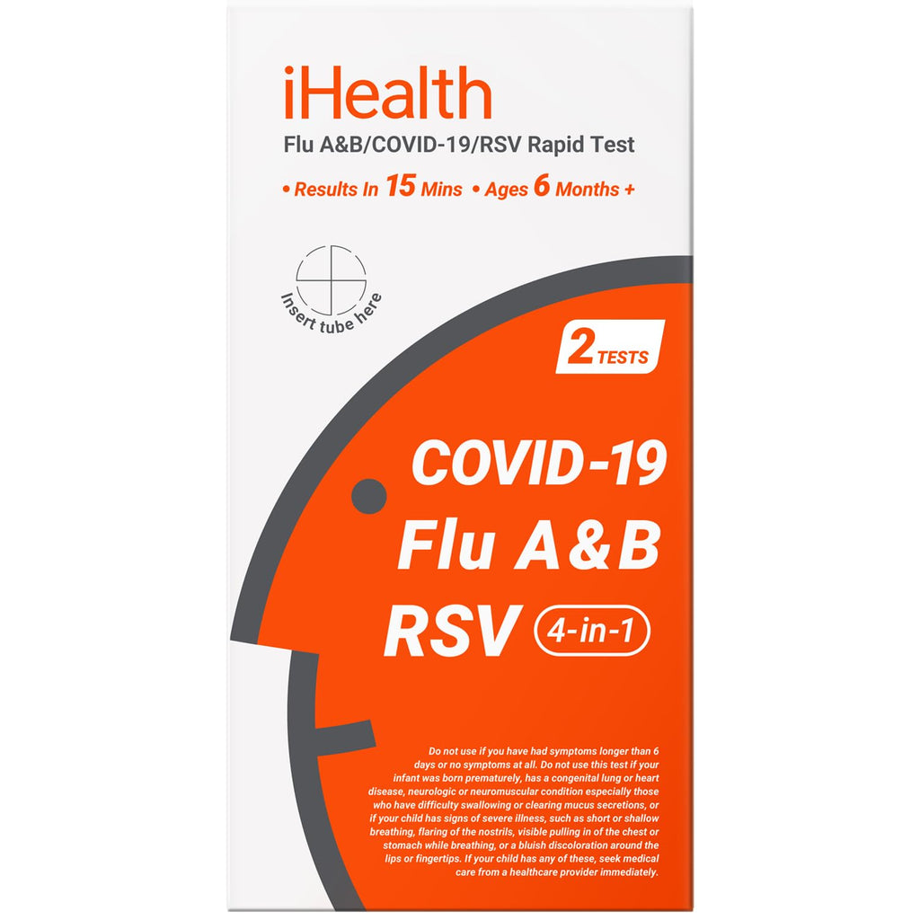 iHealth Flu A/B, COVID-19 & RSV 4-in-1 Antigen Rapid Test, Results in 15 Minutes, FDA Authorized OTC Home Test, Non-Invasive Nasal Swab, Easy to Use & No Discomfort (1 Pack, 2 Tests Total)