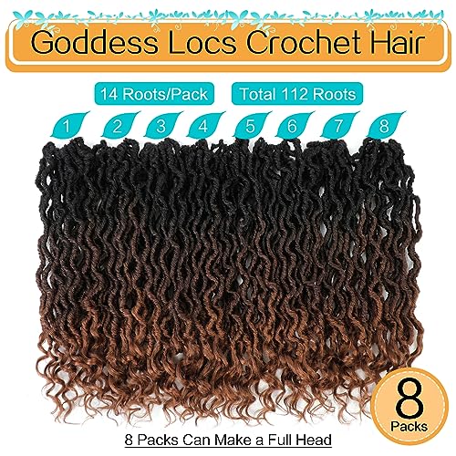 Karida Goddess Locs Crochet Hair 14 Inch, 8 Packs Faux Locs Crochet Hair for Black Women, Pre Looped Crochet Faux Locs With Curly Ends (14 Inch (Pack of 8), 1B/4/30#)
