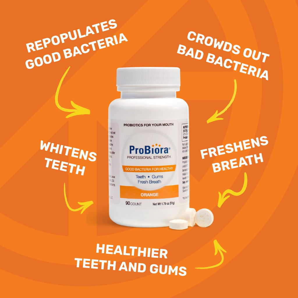 ProBiora Professional Strength Oral Probiotics for Teeth and Gums | Dental Probiotic for Oral Health | Bad Breath Treatment for Adults | Tooth Whitening | ProBiora3 Probiotic Blend | 90 Orange Tablets