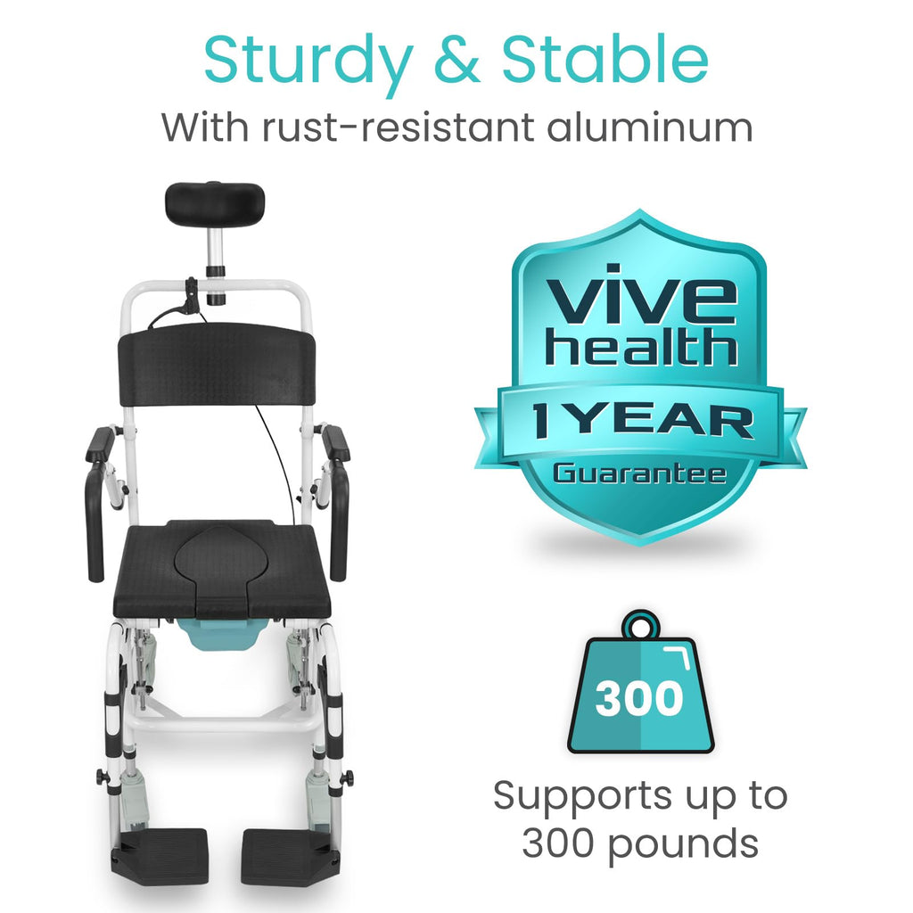 Vive Reclining Shower Chair with Wheels - Commode Wheelchair for Seniors, Disabled & Handicap - Padded Transfer Rolling Chairs w/Arms - Portable, Waterproof Shower Chair - Reclines for Easy Hair Wash