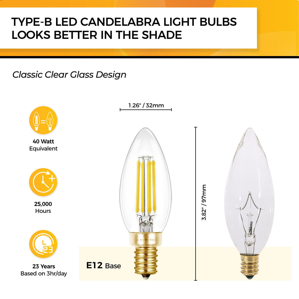 Hizashi E12 Candelabra LED Light Bulb 40 Watt Chandelier Light Bulbs Dimmable 5000K Daylight, B10 LED Candelabra Bulbs, 90+CRI, 4W, 450LM, Candle Light Bulbs, UL Listed, 12 Pack