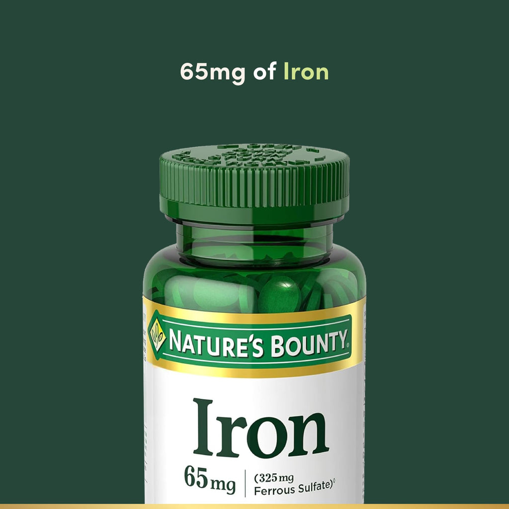 Nature’s Bounty Iron 65mg, 325 mg Ferrous Sulfate, Cellular Energy Support, Promotes Normal Red Blood Cell Production, 1 Serving Per Day, Gluten Free, 100 Vegetarian Tablets
