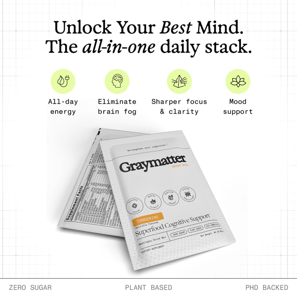 Graymatter Bright Mind Nootropic Powder (6 Travel Packets Variety Pack: Cacao, Tangerine, Strawberry Lemon) – Plant-Based Energy & Focus Drink Mix, Adaptogens & Vitamins, Sugar-Free Daily Supplement