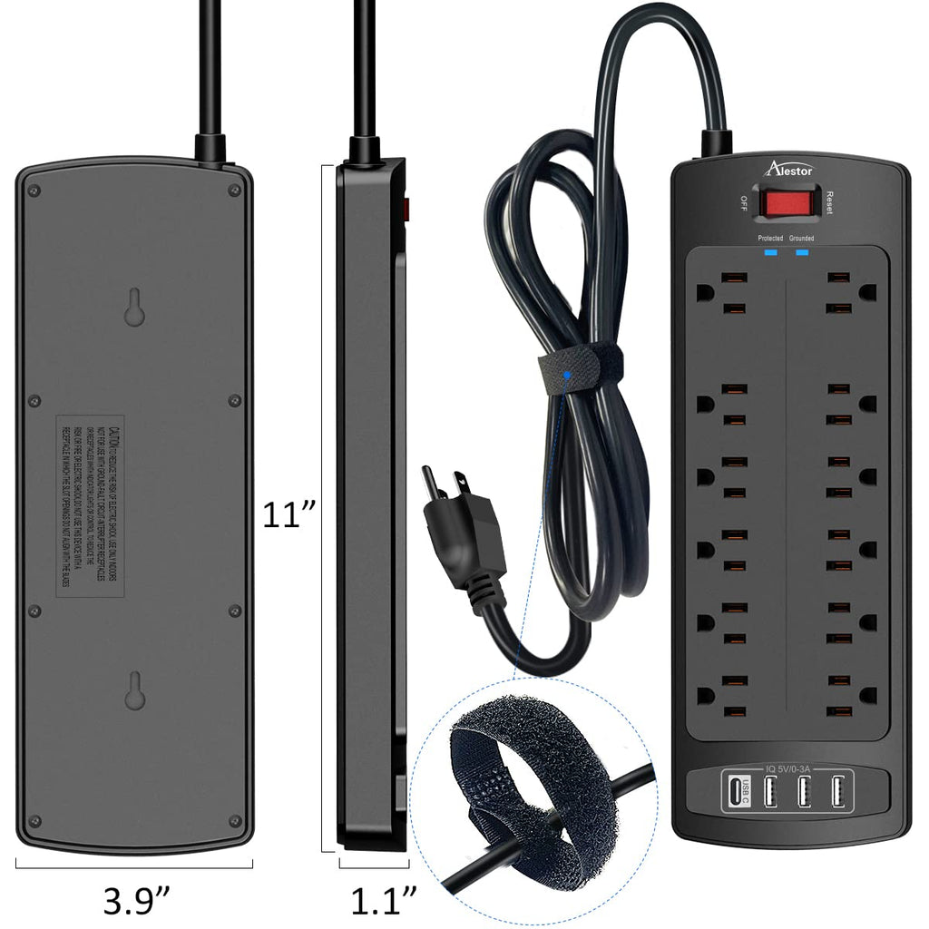 ALESTOR 6 Ft Surge Protector Power Strip with 12 Outlets and 4 USB Ports