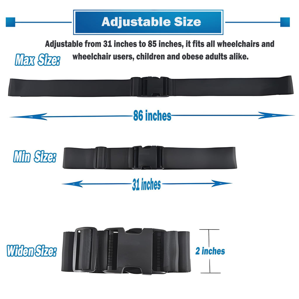 GFertre Wheelchair Safety Strap Seat Belt, 31-86"Adjustable Length/ 2" Wide - Black Anti-Slip and Anti-Fall Wheelchair Fixation Belt, Extra Long Size-Suitable for Obese People