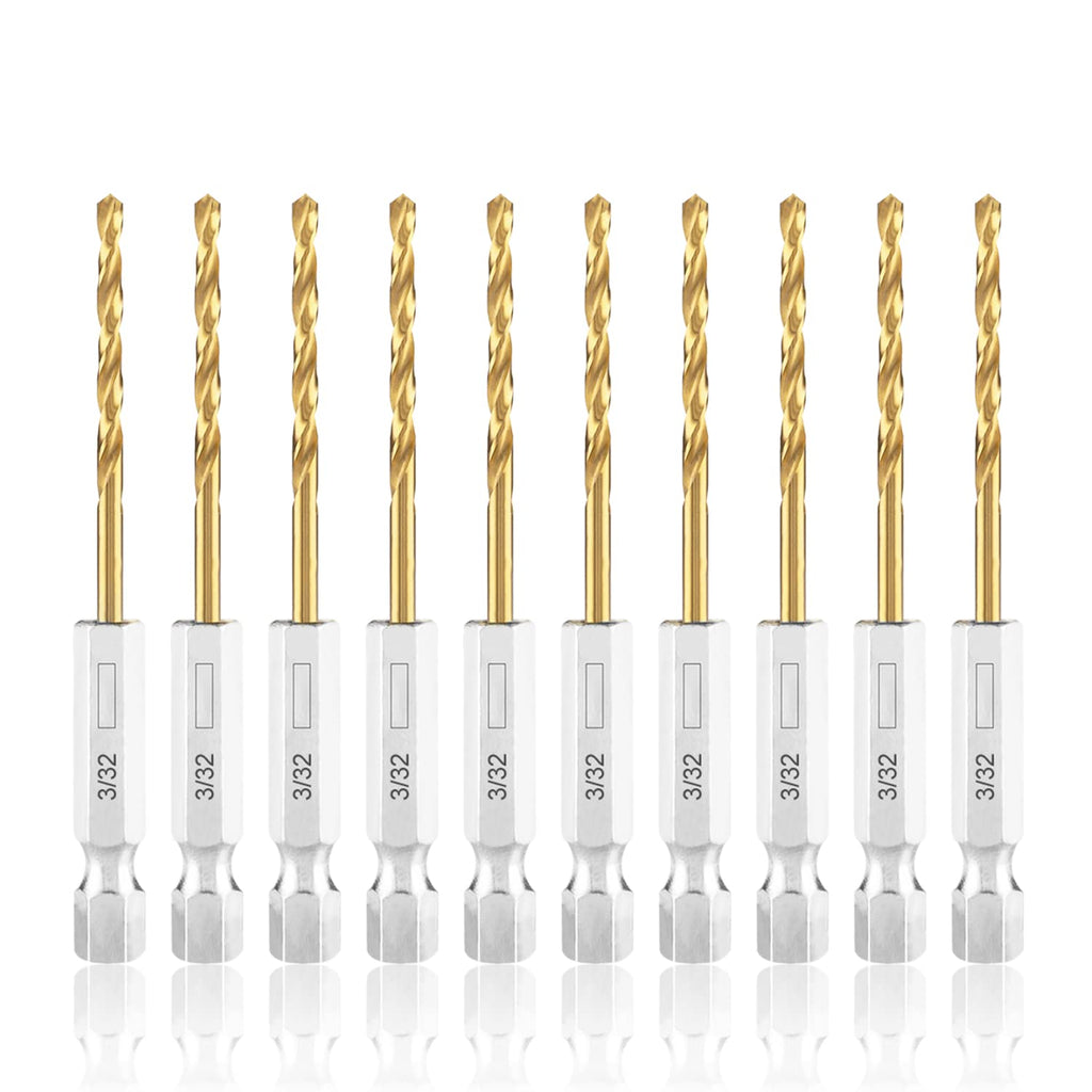 amoolo 3/32 Twist Drill Bit Set, 10Pcs Titanium HSS Hex Shank Impact Drill Bit Set for Metal, Steel, Wood, Plastic, Quick Change Design