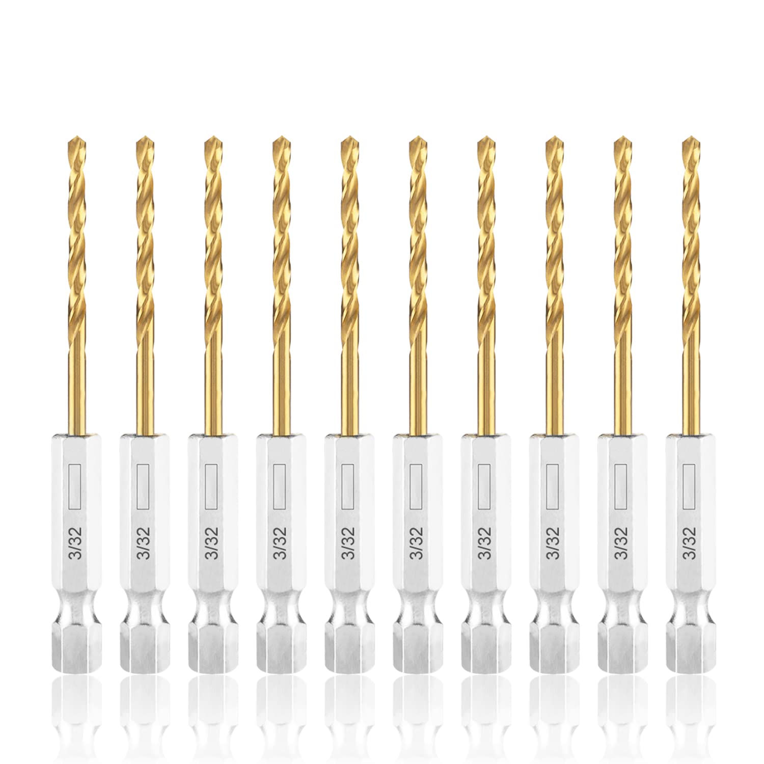 amoolo 3/32 Twist Drill Bit Set, 10Pcs Titanium HSS Hex Shank Impact Drill Bit Set for Metal, Steel, Wood, Plastic, Quick Change Design