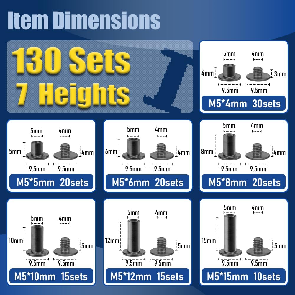 ArcNascency 130 Sets Gunmetal Black Chicago Screws Leather Rivets Kit, 7 Sizes (M5*4,5,6,8,10,12,15) & 3 Screw Lengths (M4*3,4,5) for Belts, Bookbinding, DIY Leather
