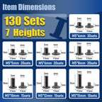 ArcNascency 130 Sets Gunmetal Black Chicago Screws Leather Rivets Kit, 7 Sizes (M5*4,5,6,8,10,12,15) & 3 Screw Lengths (M4*3,4,5) for Belts, Bookbinding, DIY Leather