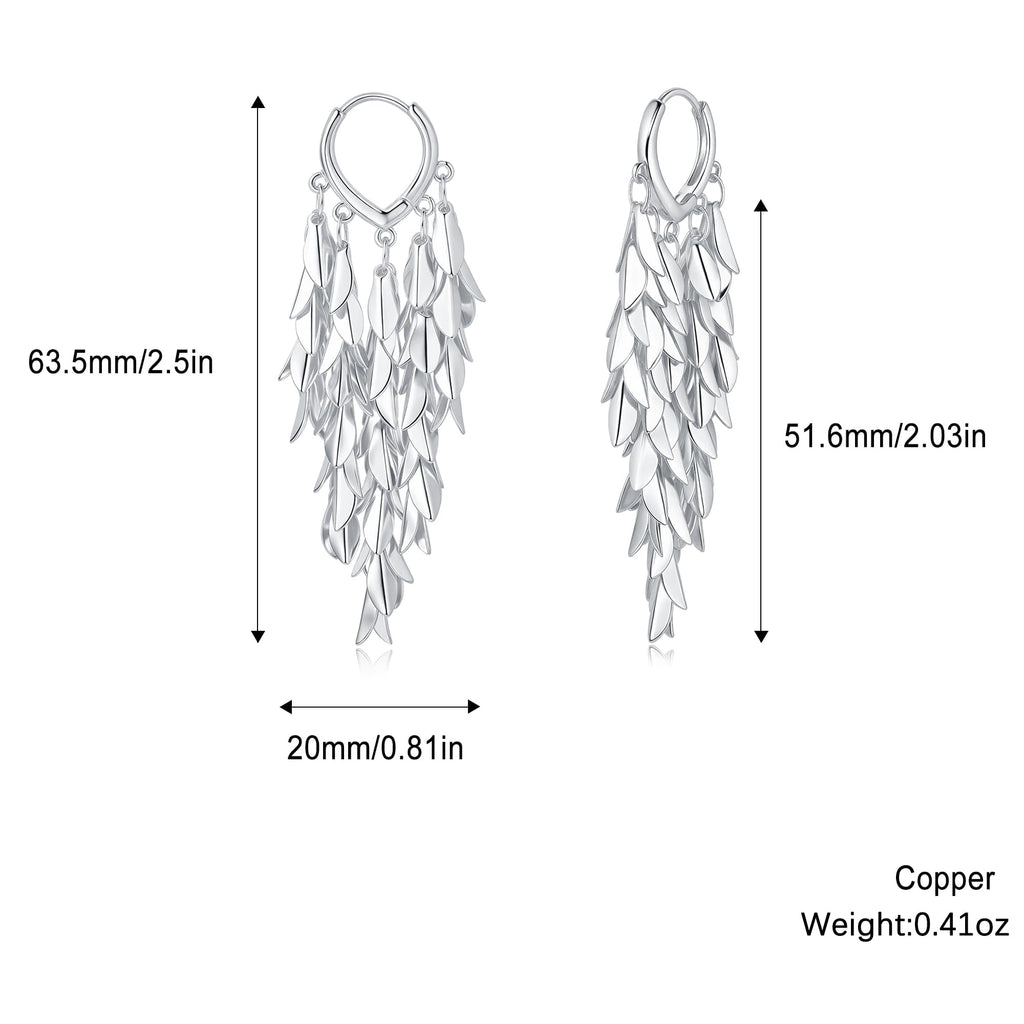 Sylph Silver Chandelier Earring for Women Copper, Long Tassel Dangle Drop Earrings, Leaf Huggie Earring Bohemian Jewelry Gifts for Everyday Wear